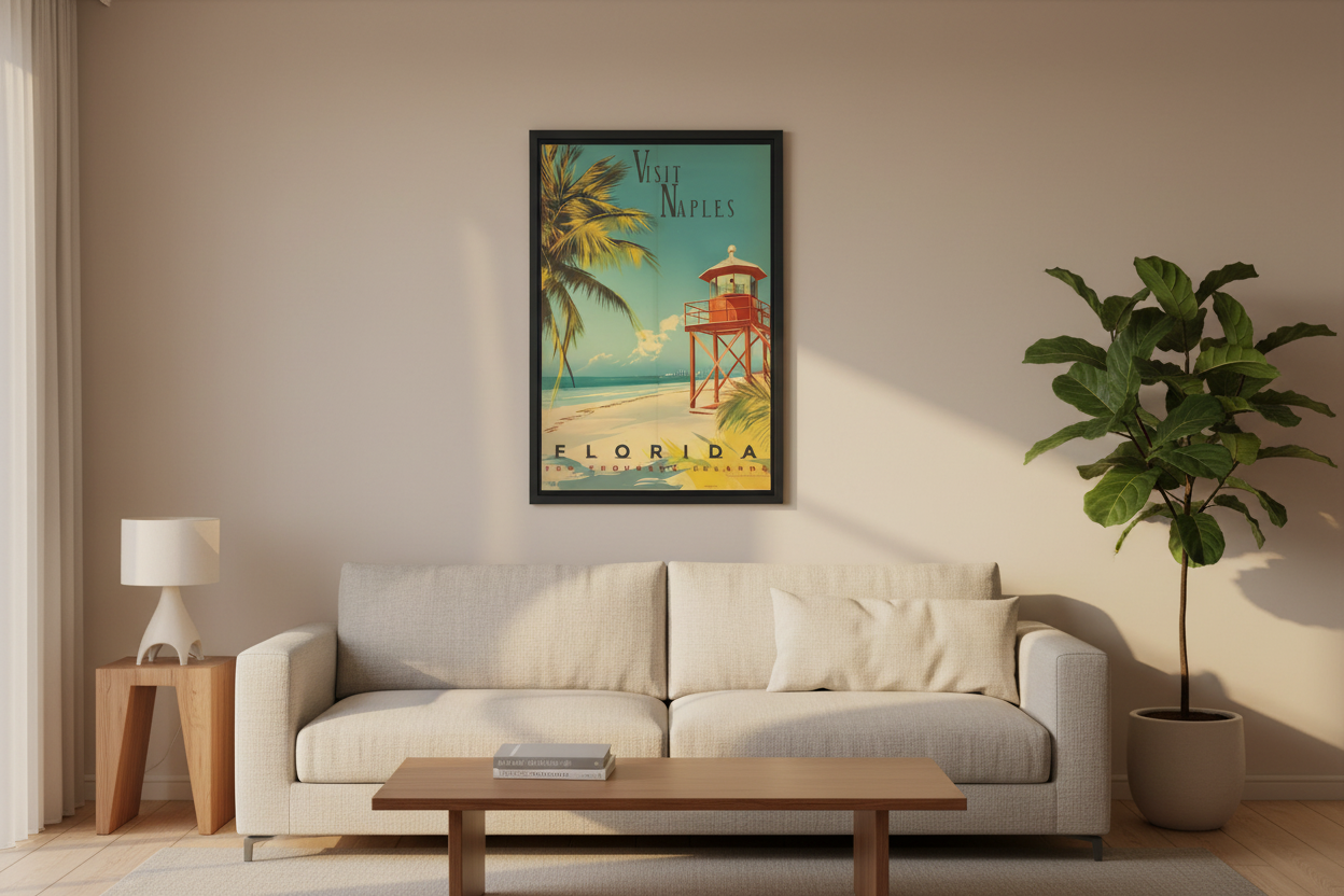 Premium living room with Visit Naples framed poster
