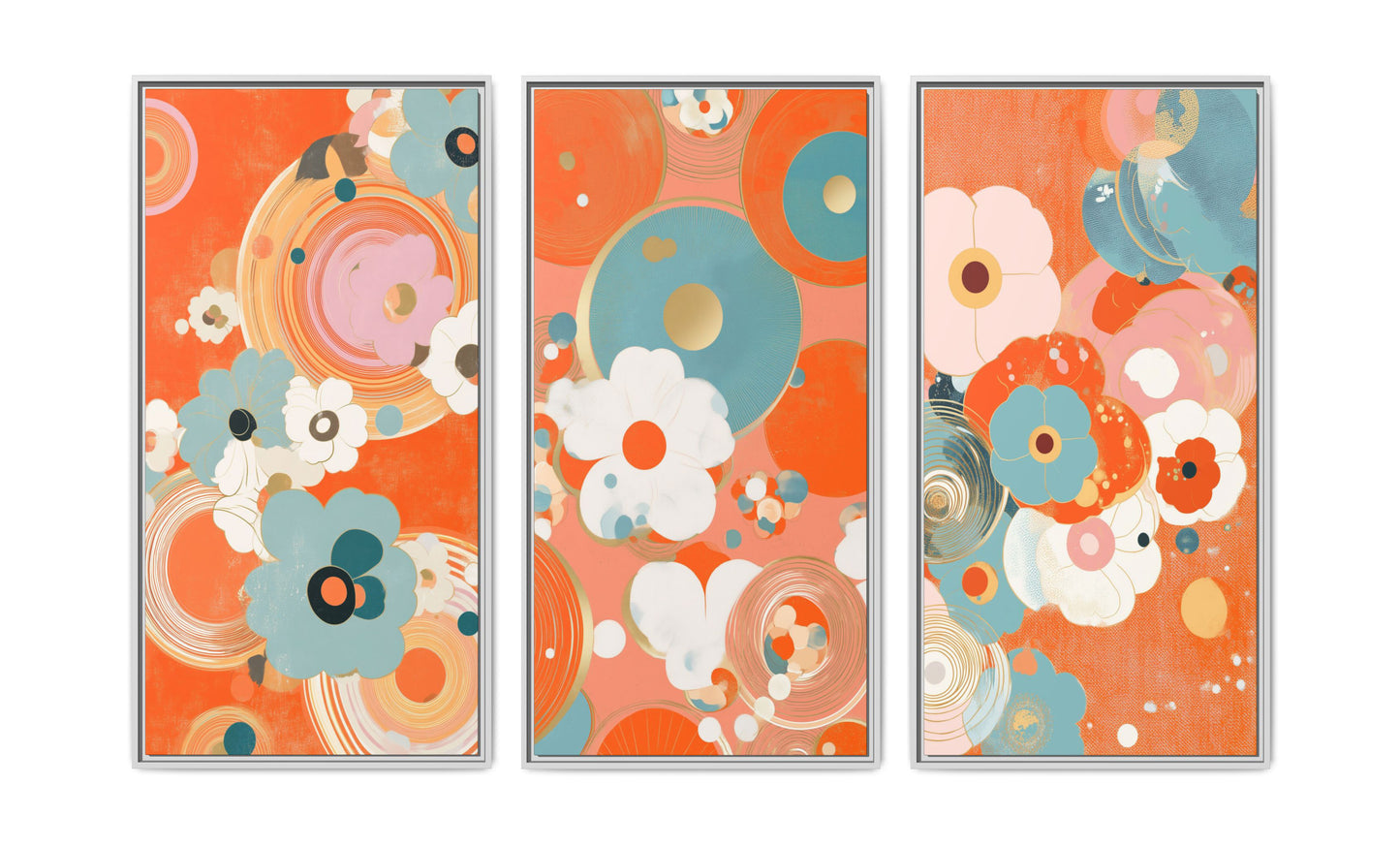 Mid-Century Modern Floral Abstract Canvas Set of 3 — 30x60  (Black, Espresso & White Frames)