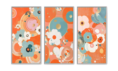 Mid-Century Modern Floral Abstract Canvas Set of 3 — 24x48  (Black, Espresso & White Frames)